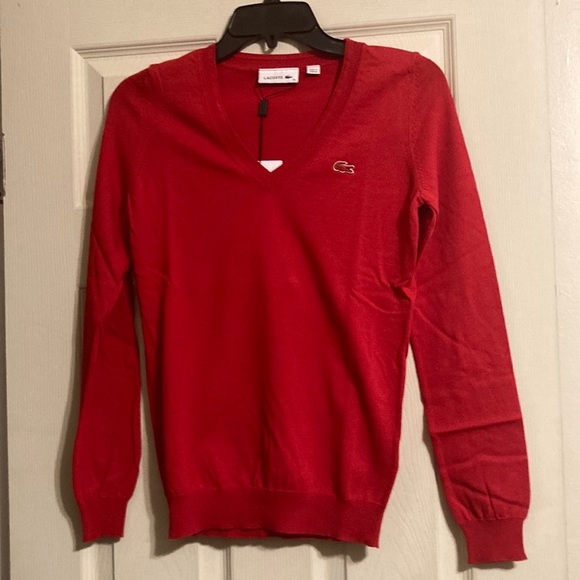 NWT Lacoste V-neck Jersey Sweater - Cherry Red - Picture 4 of 9
